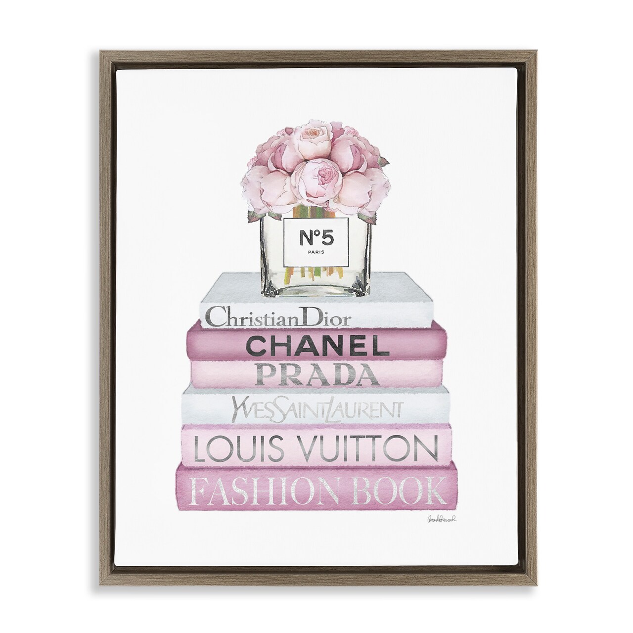 Stupell Industries Rose Bouquet & Designer Bookstack Framed Floater Canvas Wall Art